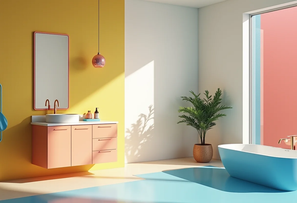 Banheiro moderno com móveis coloridos