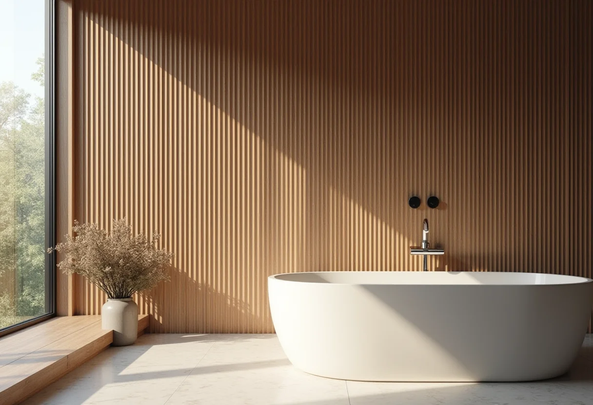 Banheiro moderno com parede ripada de madeira