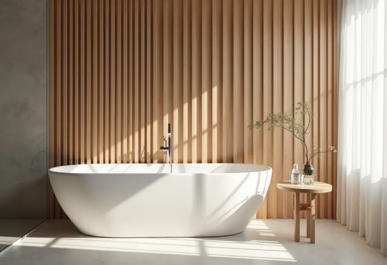 Banheiro moderno com parede ripada de madeira