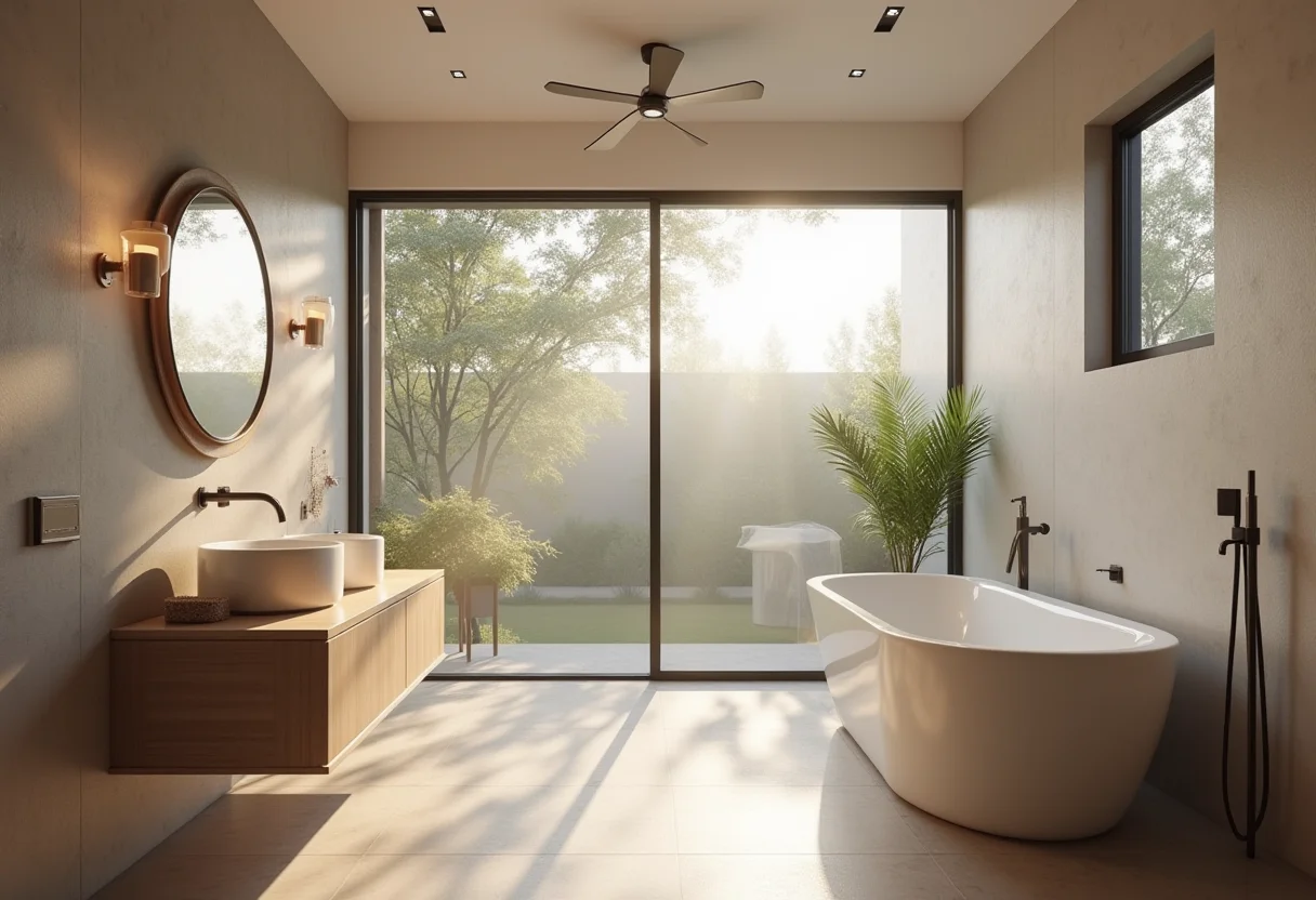 Banheiro moderno com paredes em dois tons