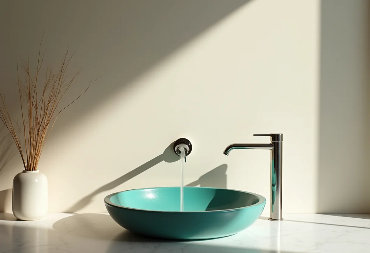 Banheiro moderno com pia colorida vibrante