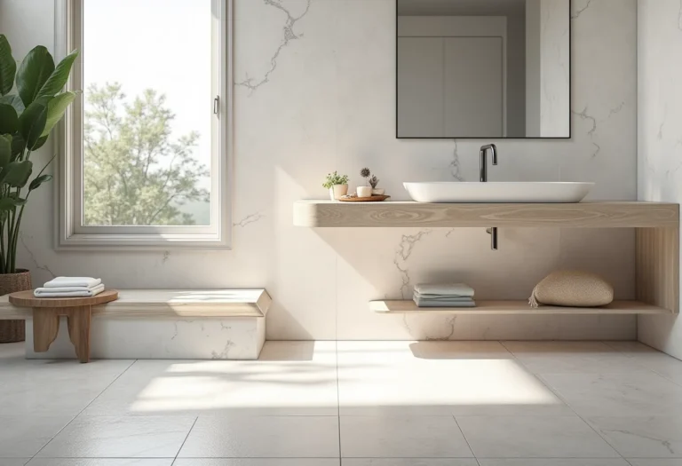 Banheiro moderno com piso e parede de granilite.