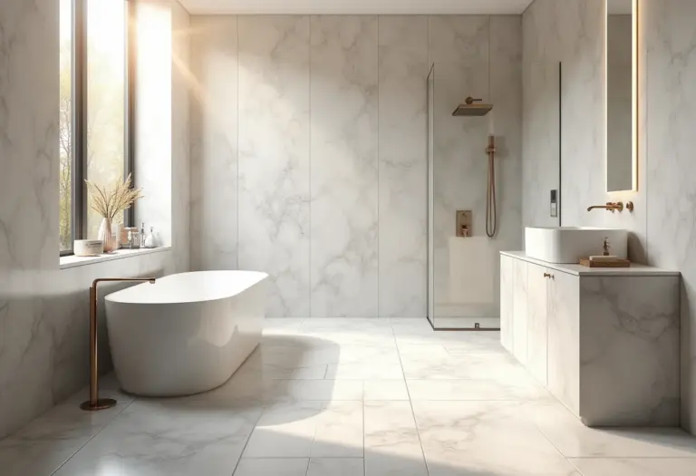 Banheiro moderno com porcelanato claro e iluminação natural.