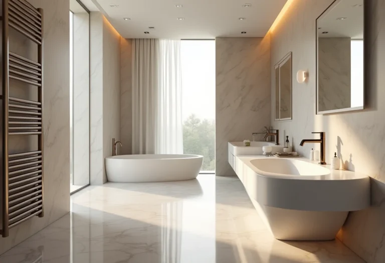 Banheiro moderno com tecnologia integrada e design luxuoso