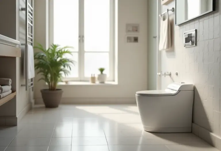 Banheiro moderno com um sanitário inteligente para cachorro