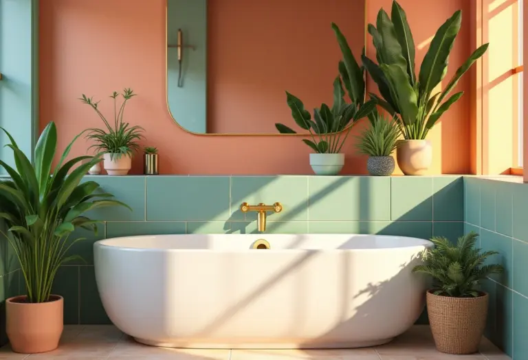 Banheiro moderno e colorido com toques de dourado e plantas.