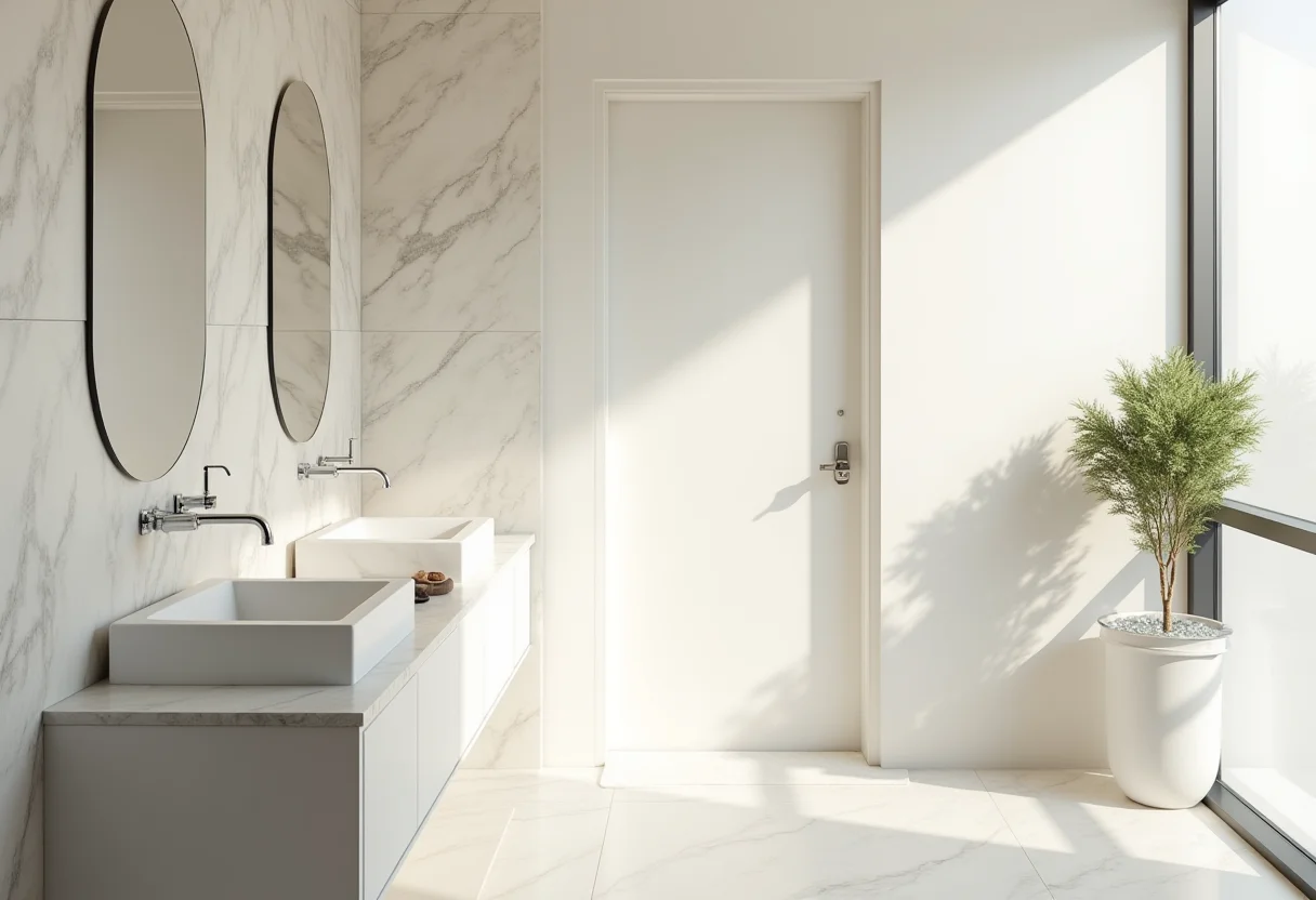 Banheiro moderno e iluminado com detalhes elegantes