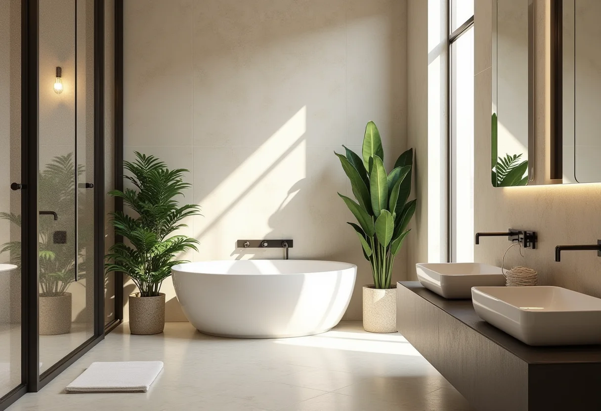 Banheiro moderno e luxuoso com iluminação natural e detalhes em pedra