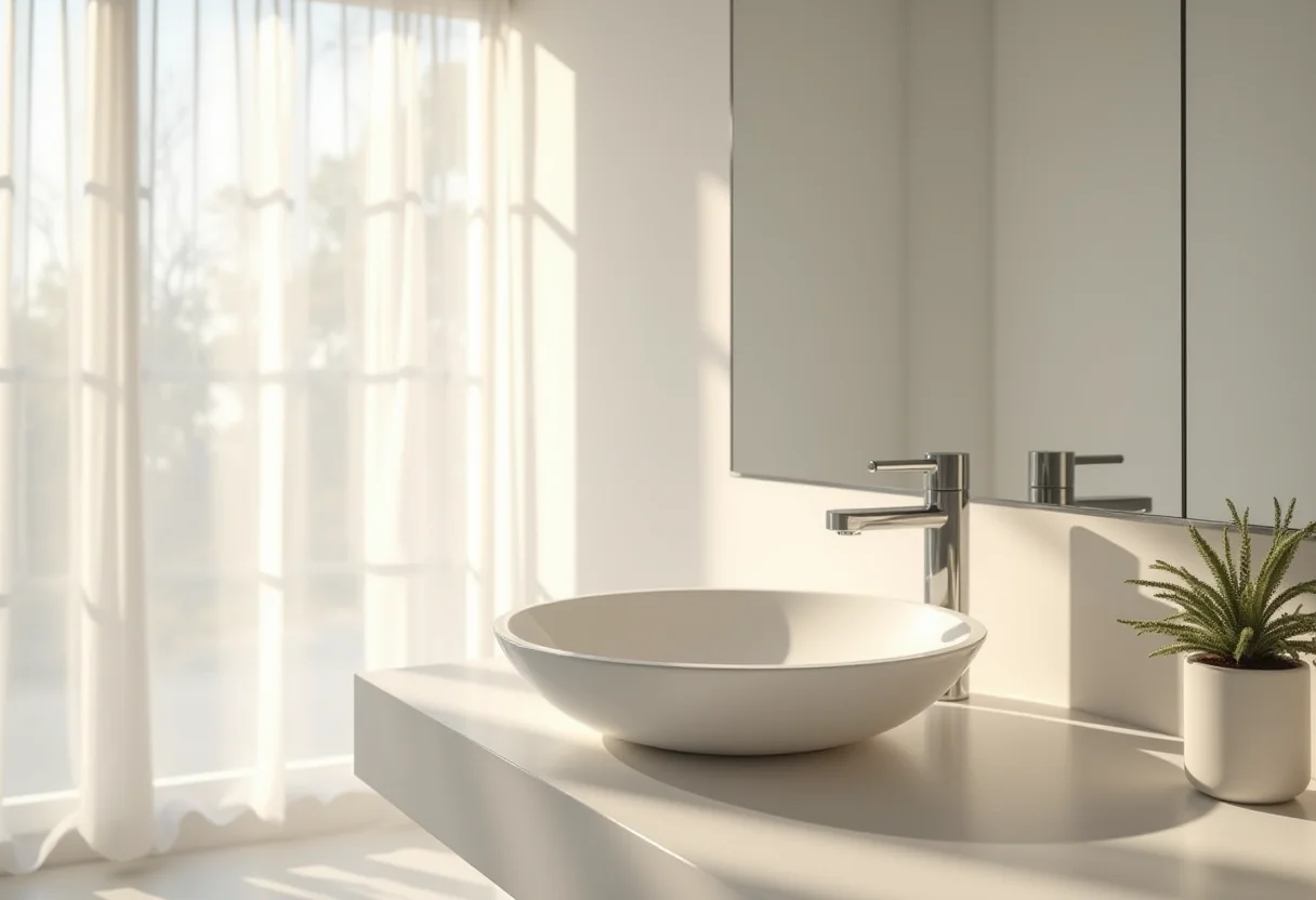 Banheiro moderno e minimalista com cuba de apoio.