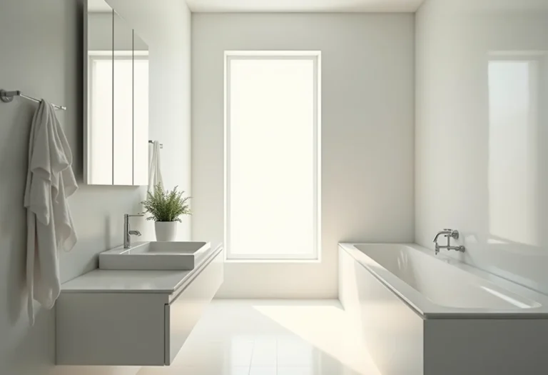 Banheiro moderno simples com iluminação natural e design minimalista