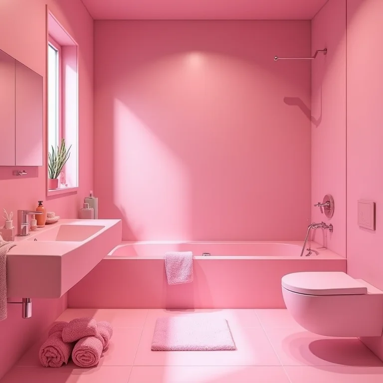 Banheiro monocromático vibrante em tons de rosa