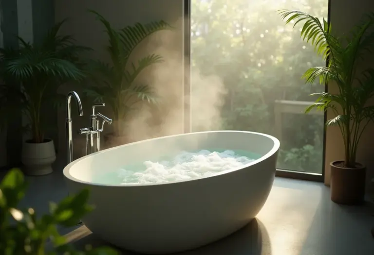 Banheiro ofurô relaxante com vegetação exuberante.