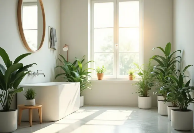 Banheiro orgânico com plantas e luz natural