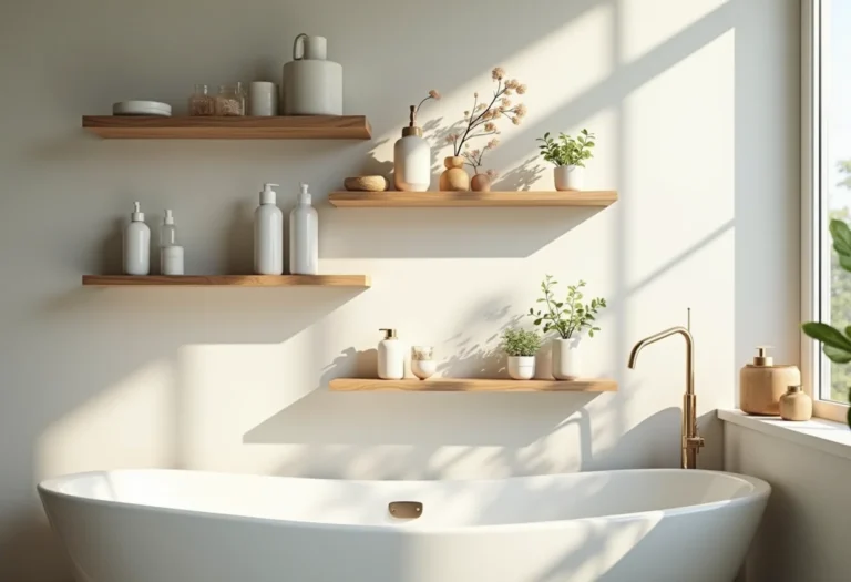Banheiro organizado com prateleiras de madeira e decoração minimalista
