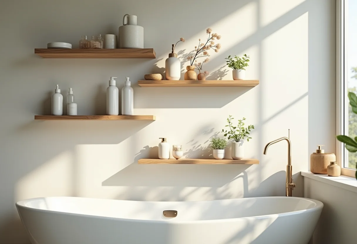 Banheiro organizado com prateleiras de madeira e decoração minimalista
