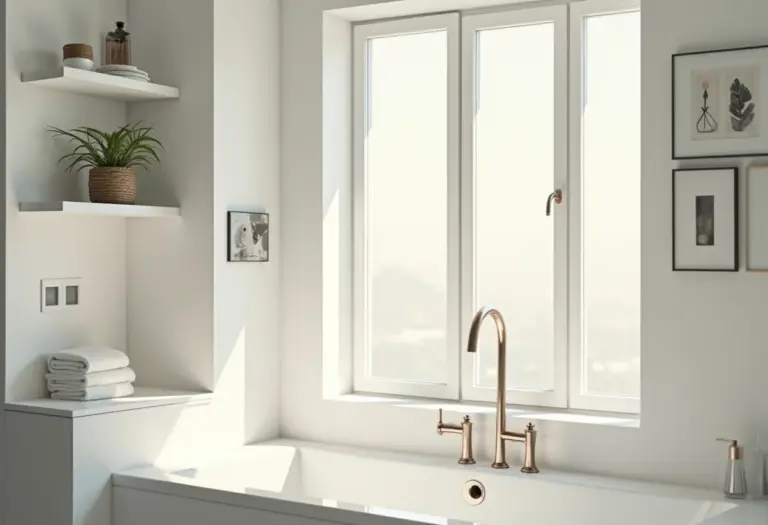 Banheiro organizado com prateleiras e luz natural