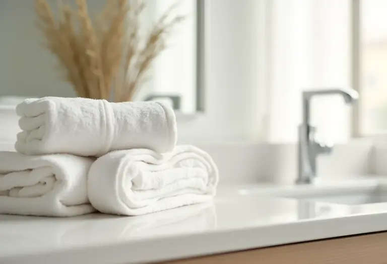 Banheiro organizado com toalhas dobradas e decoração minimalista