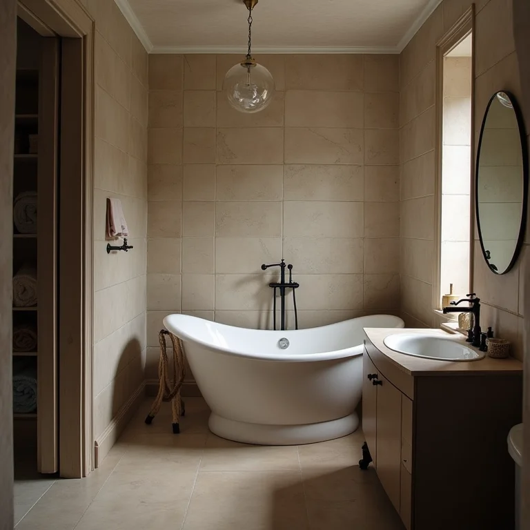 Banheiro pequeno com banheira desproporcional