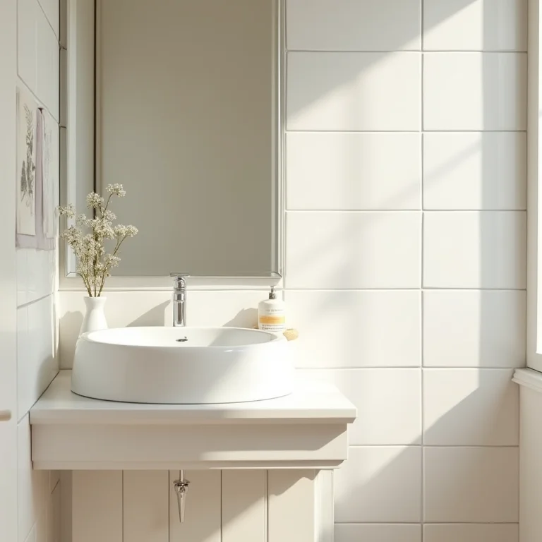 Banheiro pequeno com cores claras e iluminação estratégica