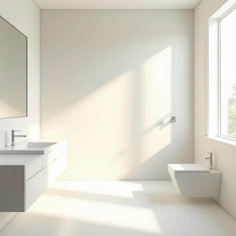 Banheiro pequeno com cores claras e iluminação