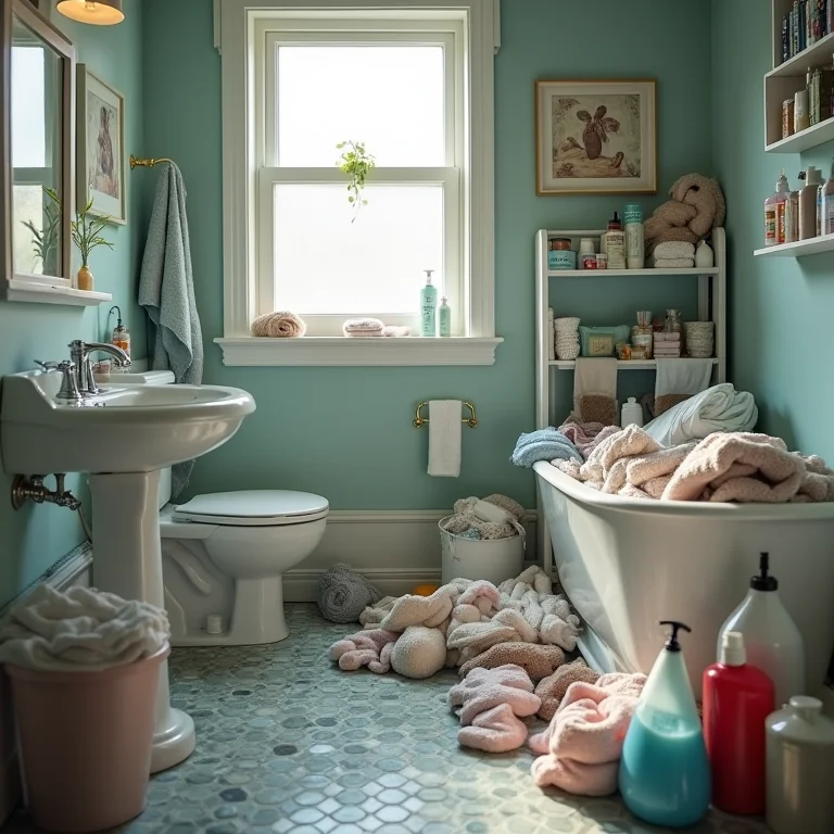 Banheiro pequeno com falta de espaço para armazenamento.