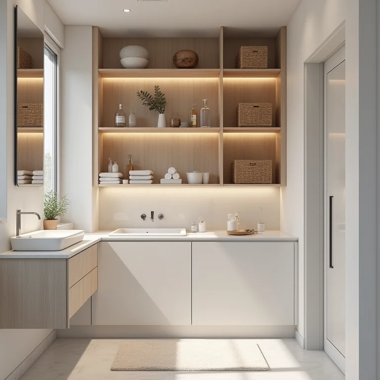 Banheiro pequeno com soluções inteligentes de armazenamento