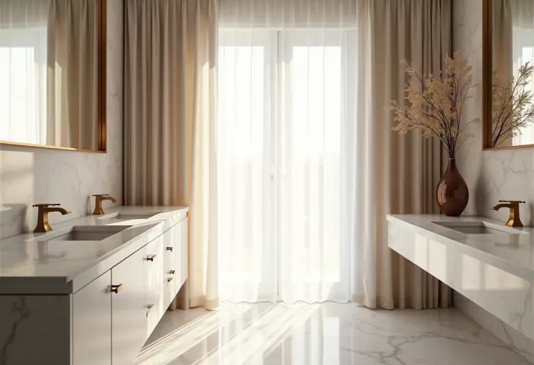 Banheiro pequeno e chique com detalhes em mármore e dourado