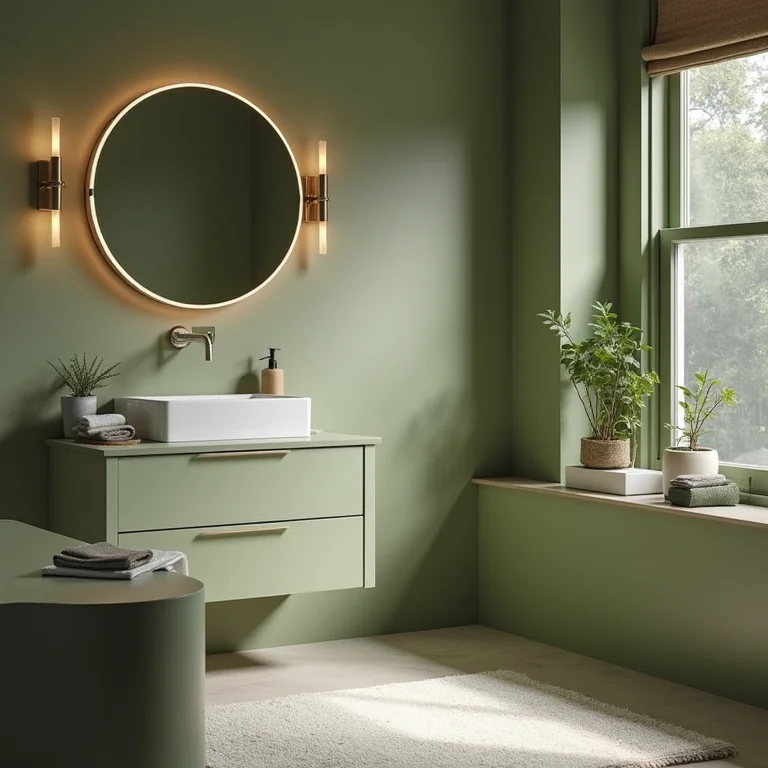 Banheiro pequeno verde oliva com soluções inteligentes