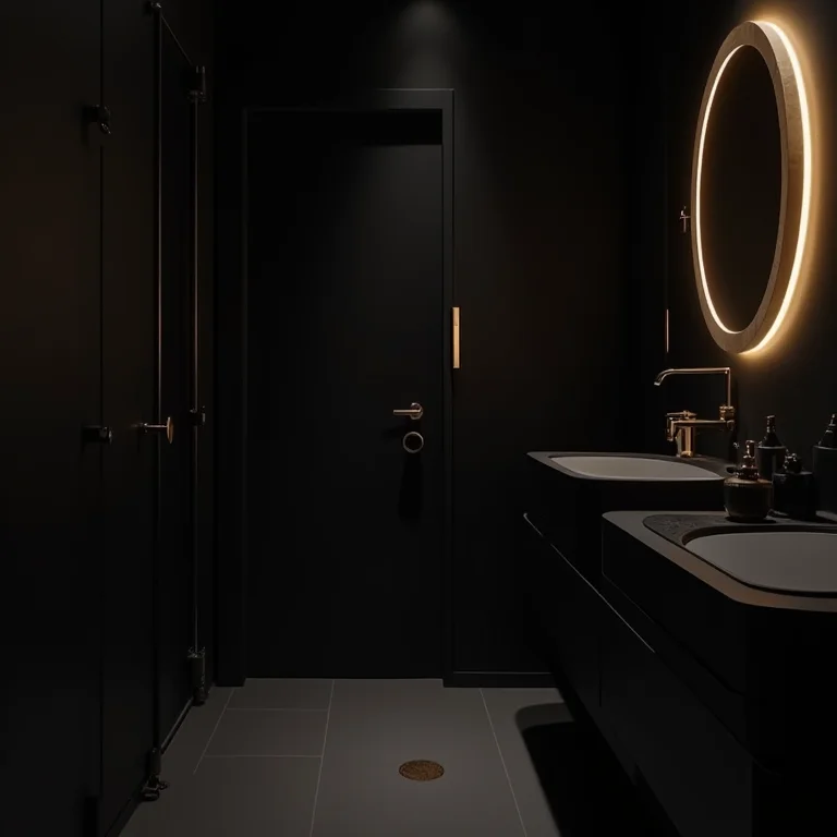 Banheiro preto com detalhes em dourado