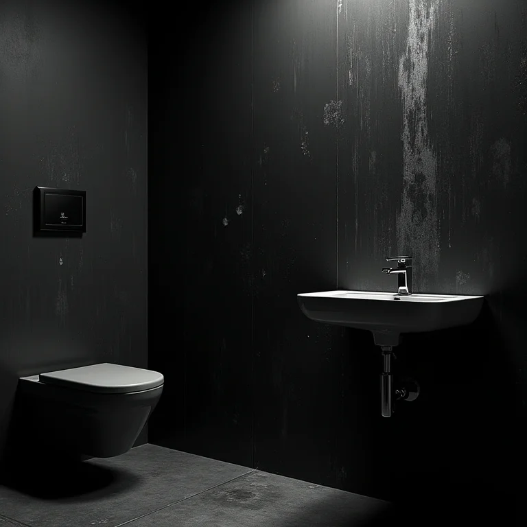 Banheiro preto com má ventilação e sinais de mofo.