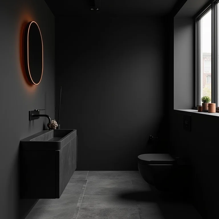 Banheiro preto com metais e acessórios sem personalidade.