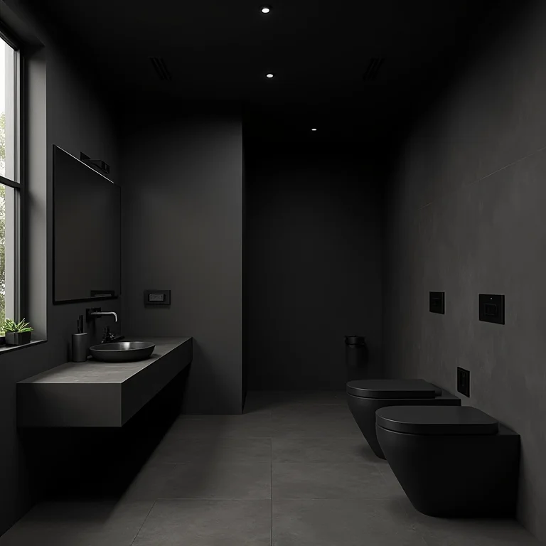 Banheiro preto sem contraste, criando uma atmosfera monótona.