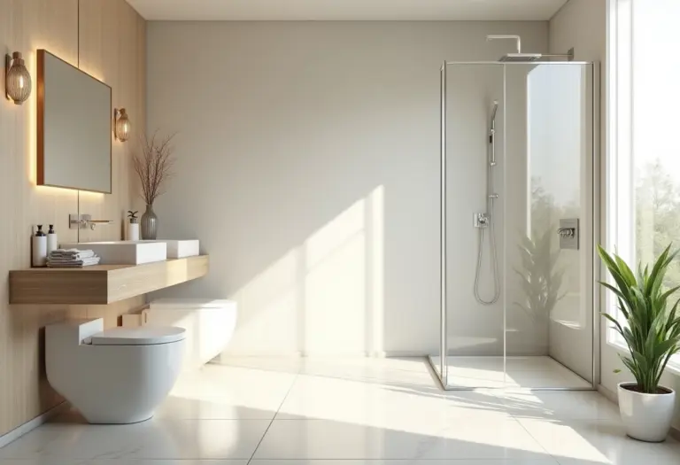 Banheiro quadrado moderno com iluminação natural