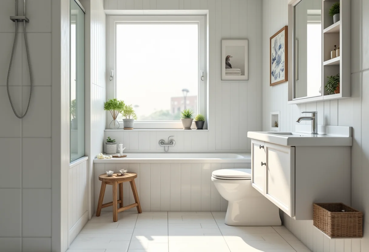 Banheiro quadrado pequeno com soluções de design inteligente