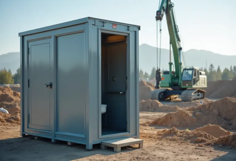 Banheiro químico moderno em obra, representando aluguel com preço justo.