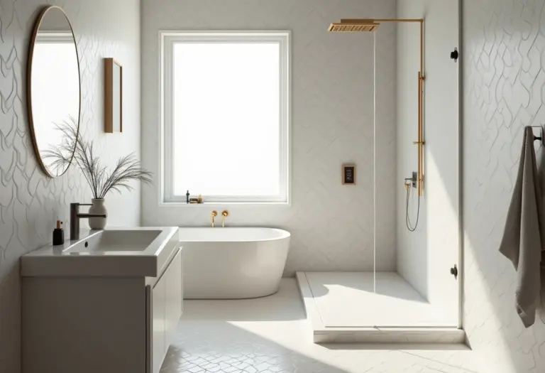 Banheiro renovado com adesivos decorativos.