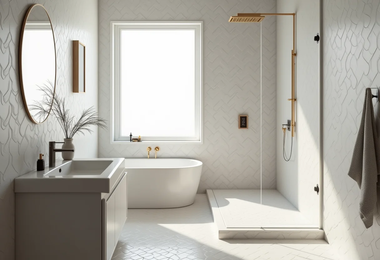 Banheiro renovado com adesivos decorativos.