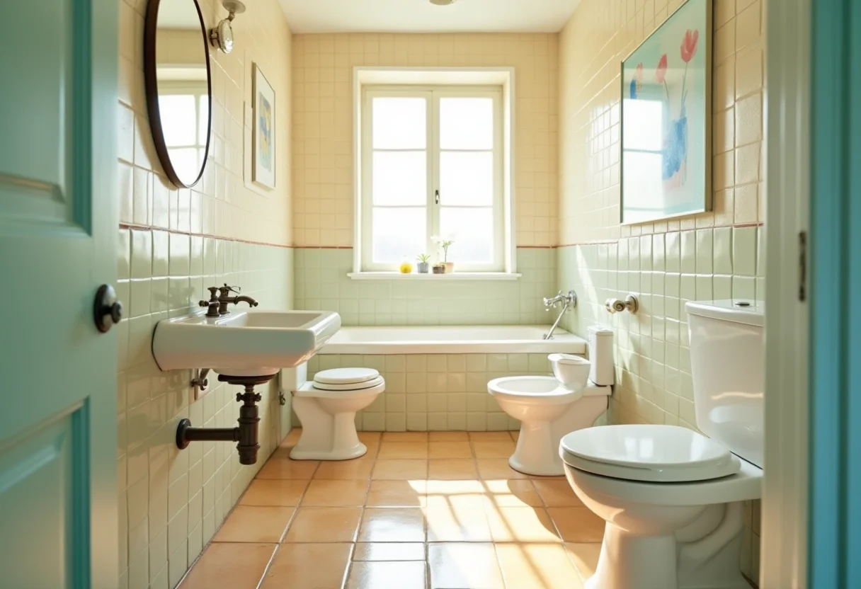 Banheiro retrô com azulejos pastel e luz natural