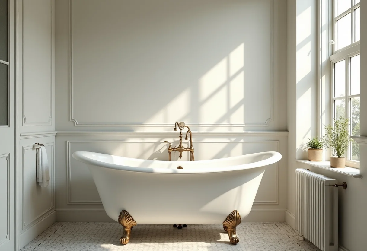 Banheiro retrô com banheira de pés palito, azulejos vintage e acessórios de latão.