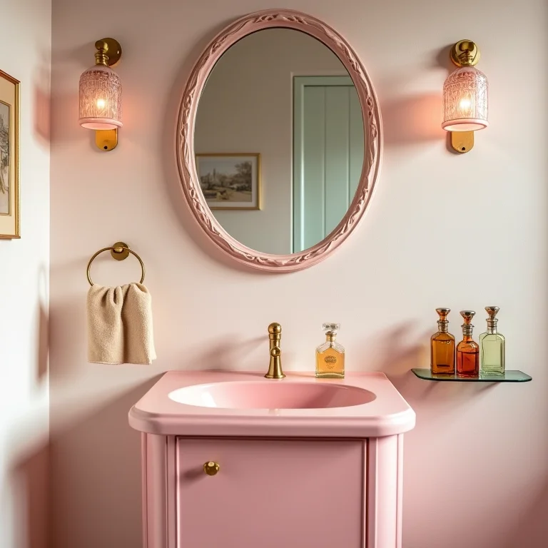 Banheiro retrô com pia rosa e espelho geométrico