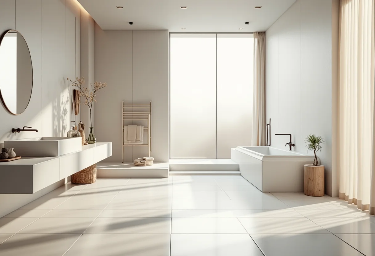 Banheiro revestido com porcelanato de visual luxuoso