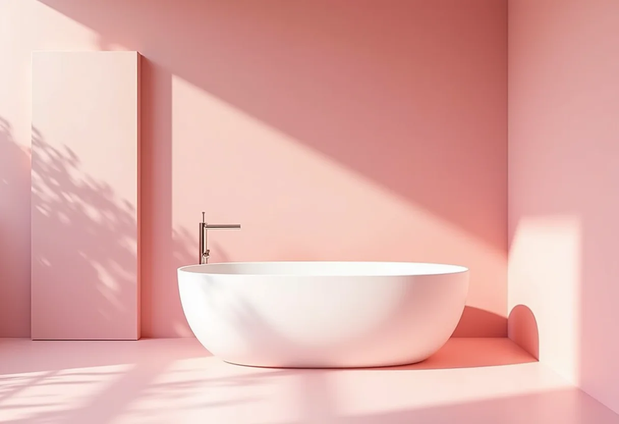 Banheiro rosa elegante com banheira de imersão