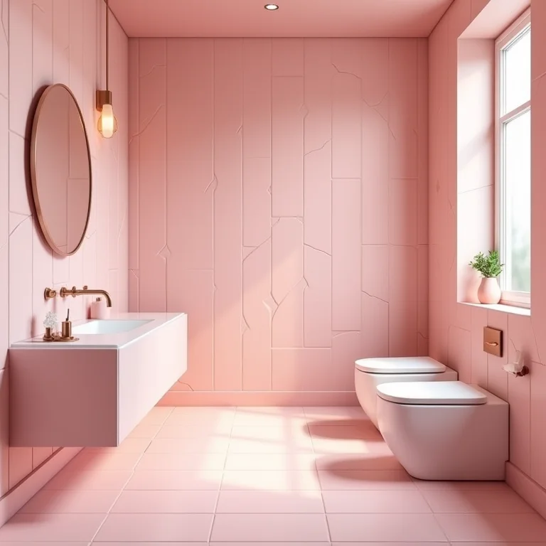 Banheiro rosa moderno com azulejos geométricos