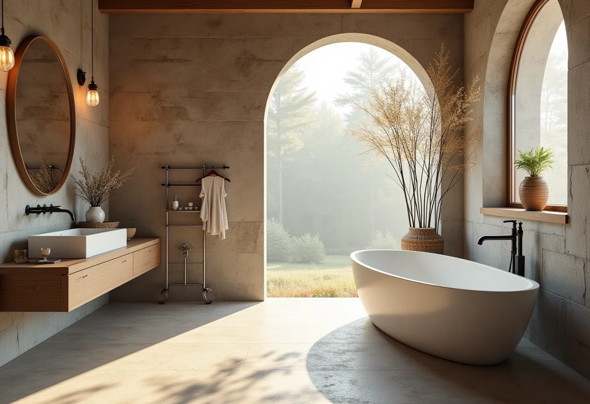 Banheiro rústico moderno com banheira e paredes de pedra.