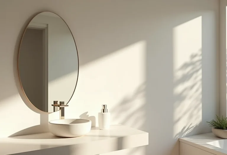 Banheiro sem janela com iluminação inteligente e espelho refletindo a luz