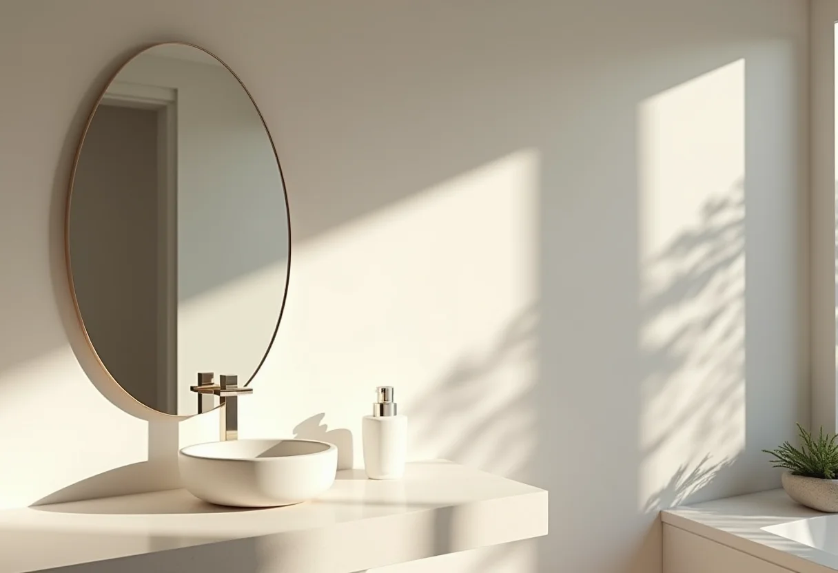 Banheiro sem janela com iluminação inteligente e espelho refletindo a luz