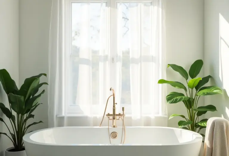 Banheiro simples e bonito com luz natural e plantas