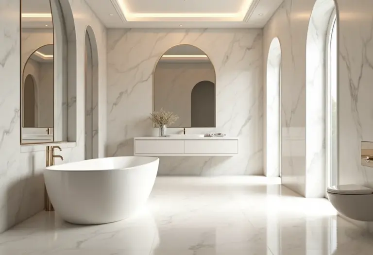 Banheiro sofisticado com cores neutras e detalhes em mármore.