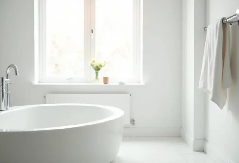 Banheiro todo branco com leve imperfeição, toalha sutilmente desalinhada.