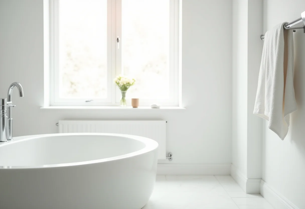 Banheiro todo branco com leve imperfeição, toalha sutilmente desalinhada.